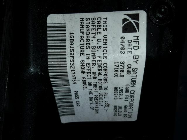 1G8AJ52F53Z174754 - 2003 SATURN ION LEVEL BLACK photo 10
