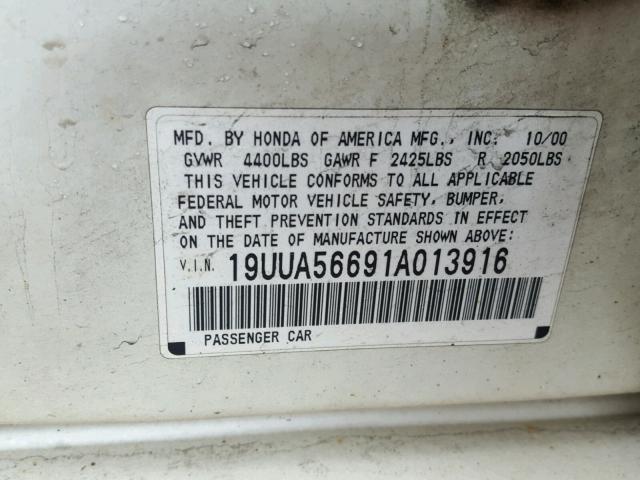 19UUA56691A013916 - 2001 ACURA 3.2TL WHITE photo 10