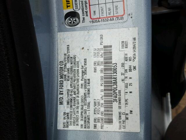 3FADP0L38AR130053 - 2010 FORD FUSION HYB BLUE photo 10