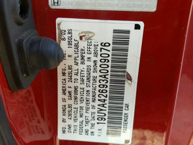 19UYA42693A009076 - 2003 ACURA 3.2CL TYPE RED photo 10