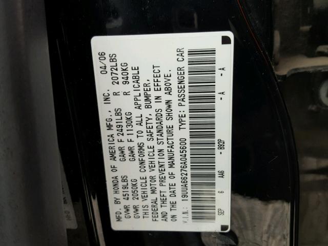 19UUA66276A045600 - 2006 ACURA 3.2TL BLACK photo 10