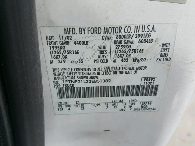 1FTNF21L23EB31382 - 2003 FORD F250 SUPER WHITE photo 10