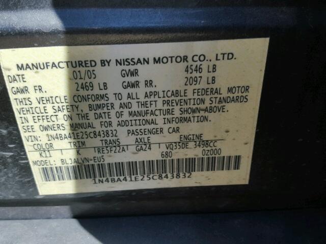 1N4BA41E25C843832 - 2005 NISSAN MAXIMA SE GRAY photo 10