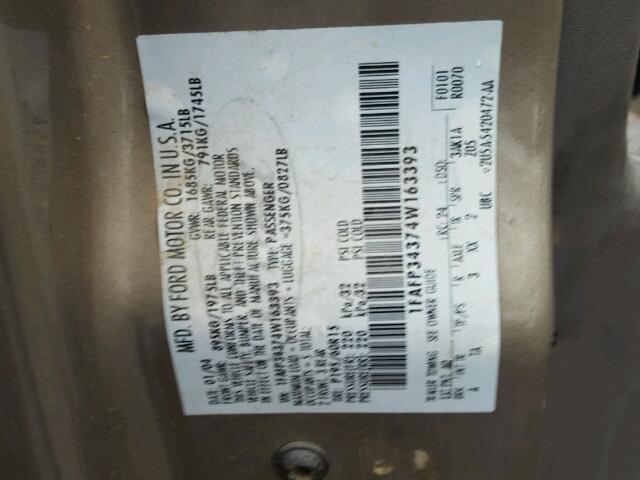 1FAFP34374W163393 - 2004 FORD FOCUS SE C TAN photo 10