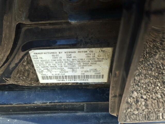 1N4BL11D73C109524 - 2003 NISSAN ALTIMA BLACK photo 10