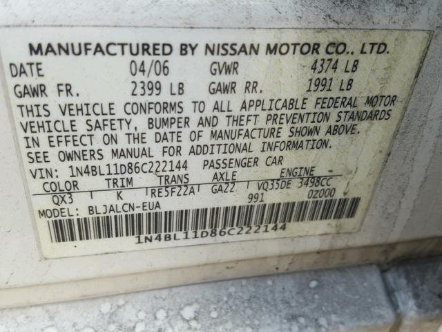 1N4BL11D86C222144 - 2006 NISSAN ALTIMA SE WHITE photo 10