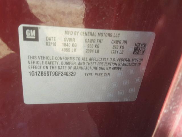 1G1ZB5ST9GF240329 - 2016 CHEVROLET MALIBU LS მუქწითელი ფოტო 10