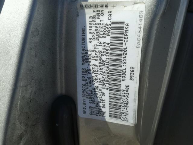 4T1BG22K61U115514 - 2001 TOYOTA CAMRY CE SILVER photo 10