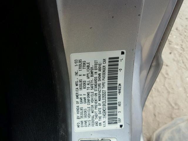 1HGEM219X3L035507 - 2003 HONDA CIVIC EX ნაცრისფერი ფოტო 10