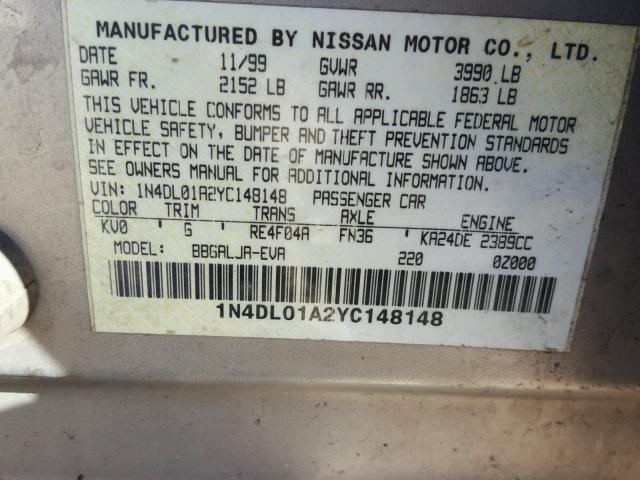 1N4DL01A2YC148148 - 2000 NISSAN ALTIMA XE SILVER photo 10