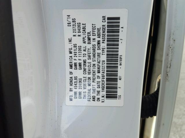 1HGCR3F86FA002728 - 2015 HONDA ACCORD EXL WHITE photo 10