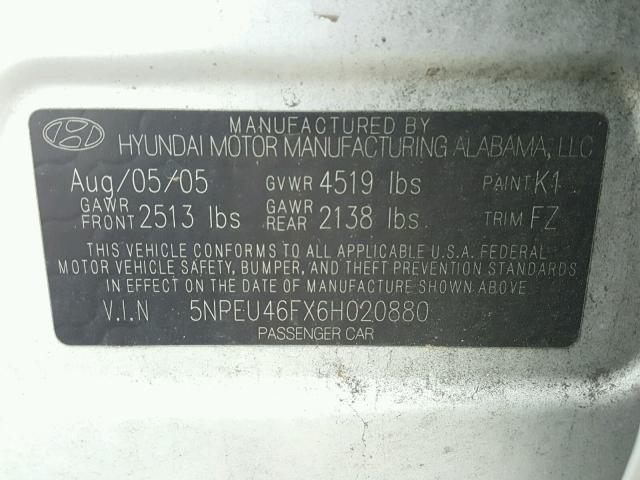 5NPEU46FX6H020880 - 2006 HYUNDAI SONATA GLS SILVER photo 10