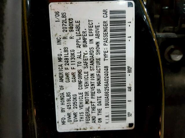 19UUA66256A024048 - 2006 ACURA 3.2TL BLACK photo 10