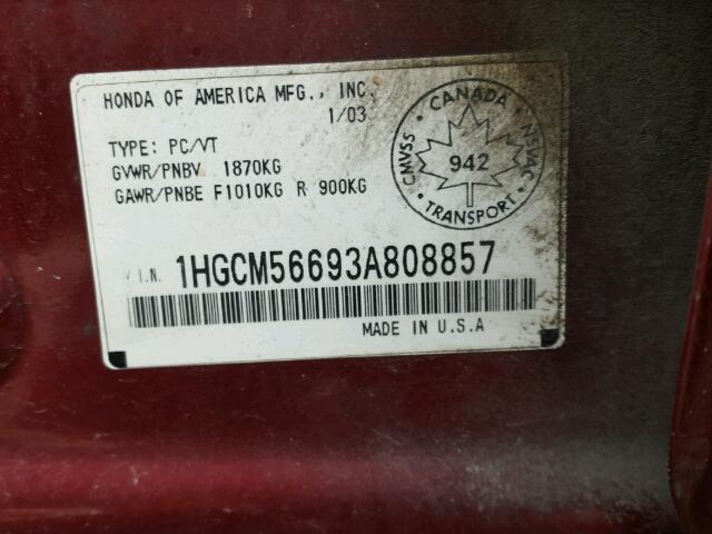 1HGCM56693A808857 - 2003 HONDA ACCORD EX RED photo 10