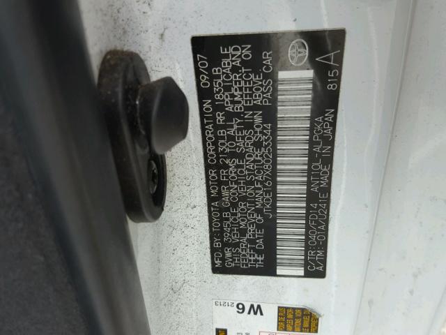 JTKDE167X80253344 - 2008 TOYOTA SCION TC 白色 照片 10