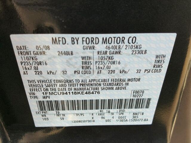 1FMCU94118KE48476 - 2008 FORD ESCAPE LIM CHARCOAL photo 10