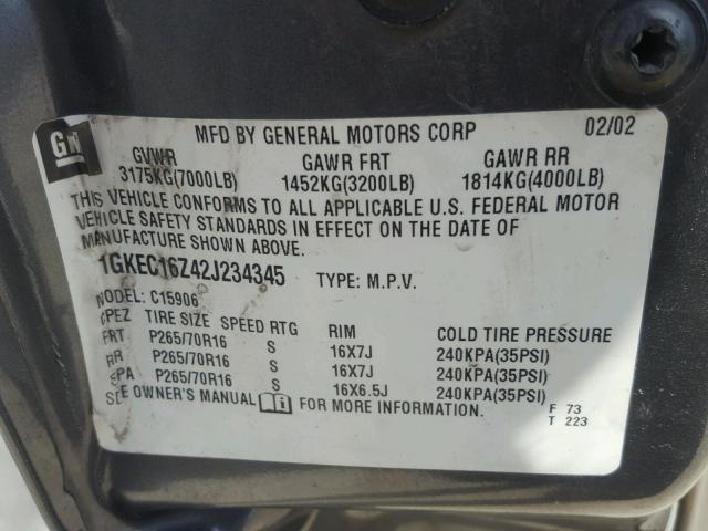 1GKEC16Z42J234345 - 2002 GMC YUKON XL C GRAY photo 10