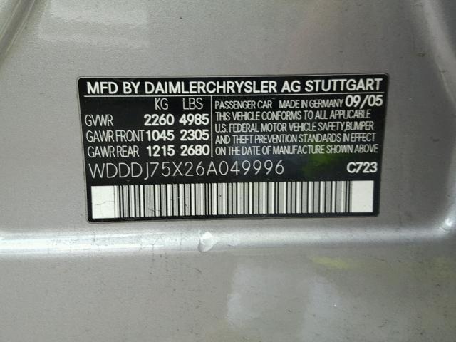 WDDDJ75X26A049996 - 2006 MERCEDES-BENZ CLS 500C SILVER photo 10