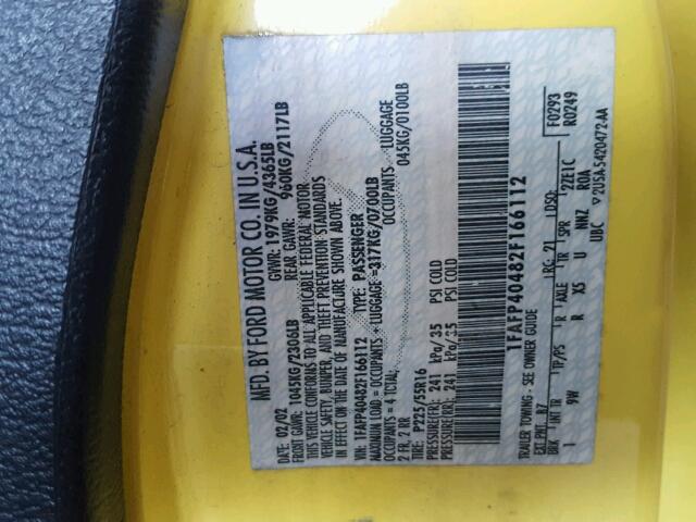 1FAFP40482F166112 - 2002 FORD MUSTANG YELLOW photo 10