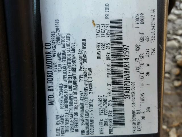 3FAHP0HA8AR142597 - 2010 FORD FUSION GRAY photo 10