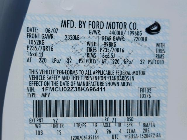 1FMCU02Z38KA96411 - 2008 FORD ESCAPE XLS WHITE photo 10