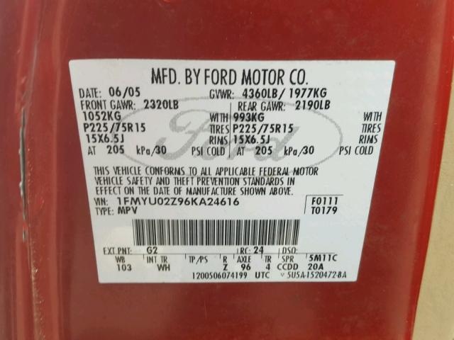 1FMYU02Z96KA24616 - 2006 FORD ESCAPE XLS RED photo 10