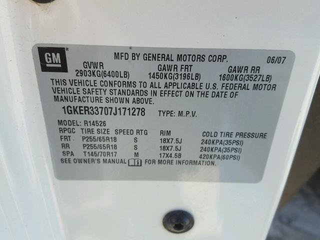 1GKER33707J171278 - 2007 GMC ACADIA SLT თეთრი ფოტო 10