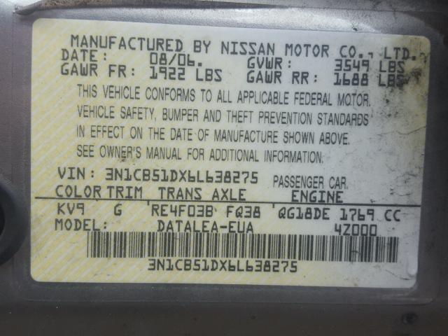 3N1CB51DX6L638275 - 2006 NISSAN SENTRA 1.8 TAN photo 10