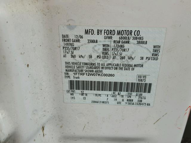 1FTRF12W07KC00260 - 2007 FORD F150 WHITE photo 10