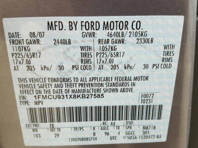 1FMCU931X8KB27585 - 2008 FORD ESCAPE XLT GRAY photo 10