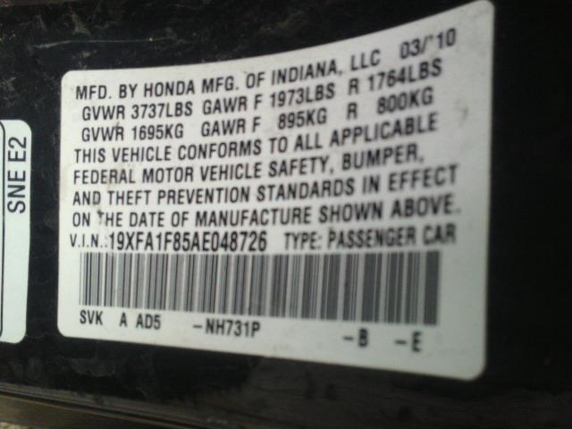 19XFA1F85AE048726 - 2010 HONDA CIVIC EX BLACK photo 10