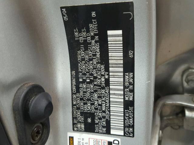 JTEDP21A640035465 - 2004 TOYOTA HIGHLANDER SILVER photo 10