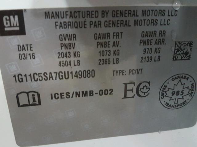 1G11C5SA7GU149080 - 2016 CHEVROLET MALIBU LIM 白色 照片 10