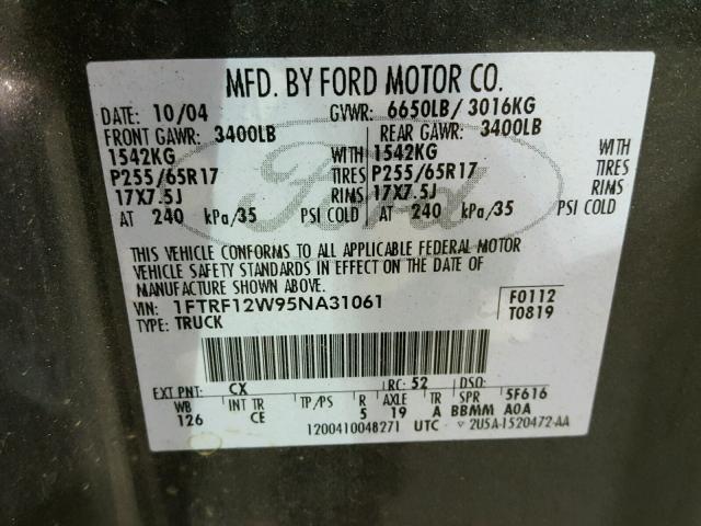 1FTRF12W95NA31061 - 2005 FORD F150 CHARCOAL photo 10