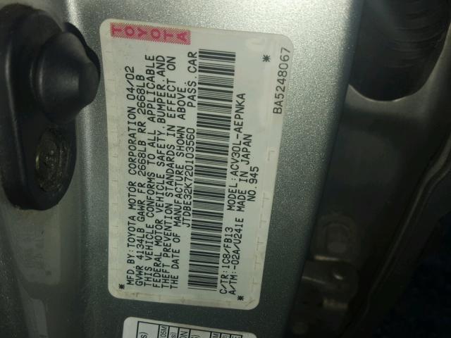 JTDBE32K720103560 - 2002 TOYOTA CAMRY LE SILVER photo 10