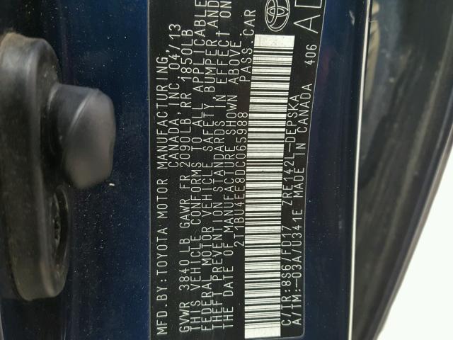 2T1BU4EE8DC065988 - 2013 TOYOTA COROLLA BA BLUE photo 10