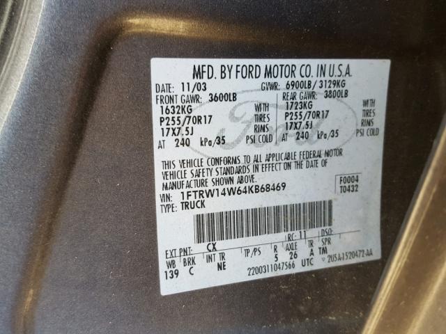 1FTRW14W64KB68469 - 2004 FORD F150 SUPER GRAY photo 10