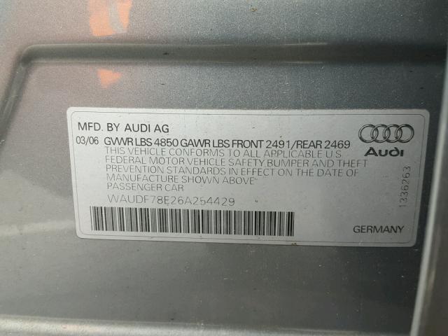 WAUDF78E26A254429 - 2006 AUDI A4 2.0T QU GRAY photo 10