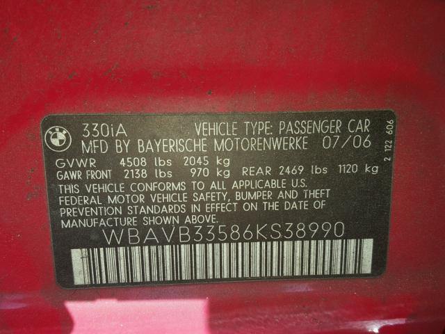 WBAVB33586KS38990 - 2006 BMW 330 I RED photo 10