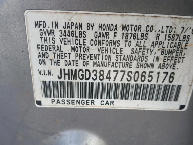 JHMGD38477S065176 - 2007 HONDA FIT SILVER photo 10