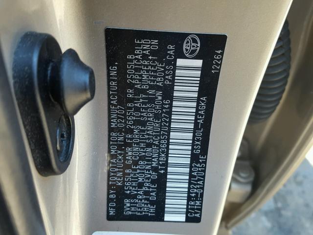 4T1BK36B57U227146 - 2007 TOYOTA AVALON XL GOLD photo 10