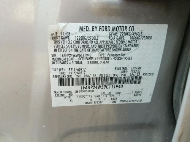 1FAHP24W59G111940 - 2009 FORD TAURUS SEL SILVER photo 10