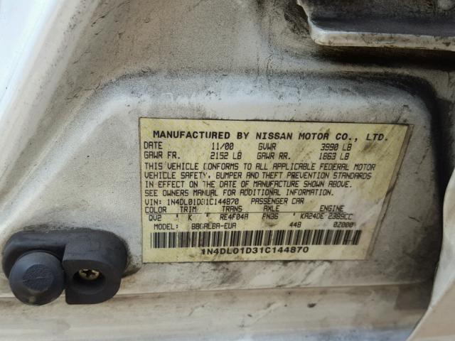 1N4DL01D31C144870 - 2001 NISSAN ALTIMA XE WHITE photo 10