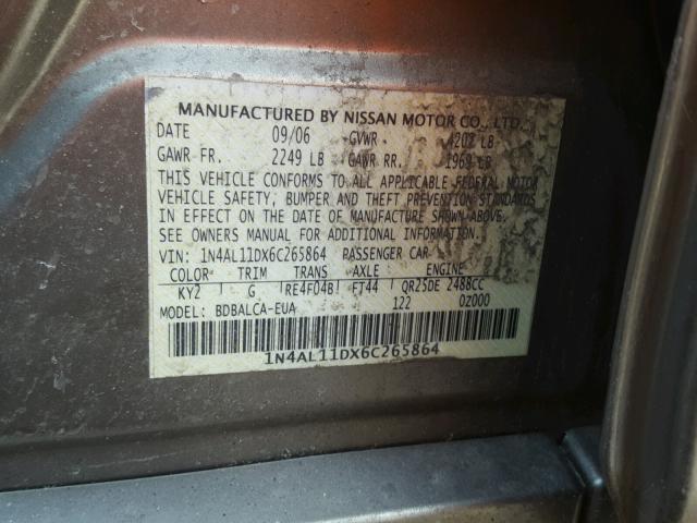 1N4AL11DX6C265864 - 2006 NISSAN ALTIMA S BROWN photo 10