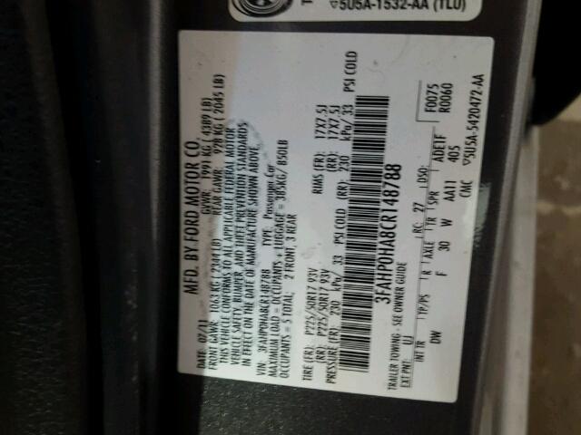 3FAHP0HA8CR148788 - 2012 FORD FUSION SE GRAY photo 10