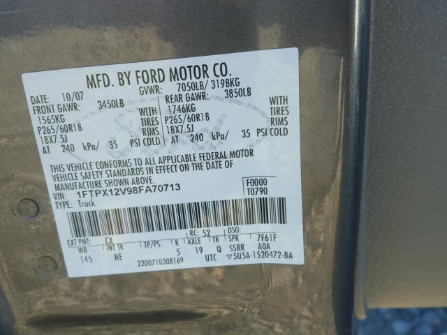 1FTPX12V98FA70713 - 2008 FORD F150 GRAY photo 10