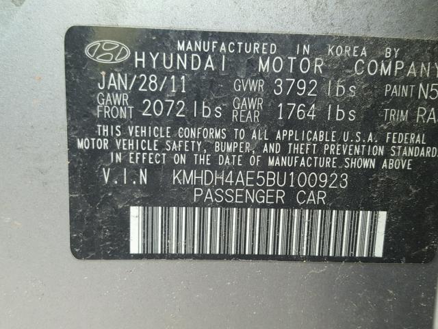 KMHDH4AE5BU100923 - 2011 HYUNDAI ELANTRA GL GRAY photo 10