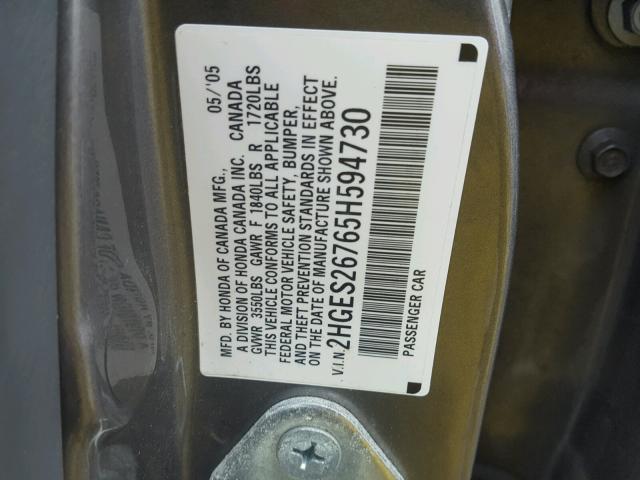 2HGES26765H594730 - 2005 HONDA CIVIC EX ნაცრისფერი ფოტო 10