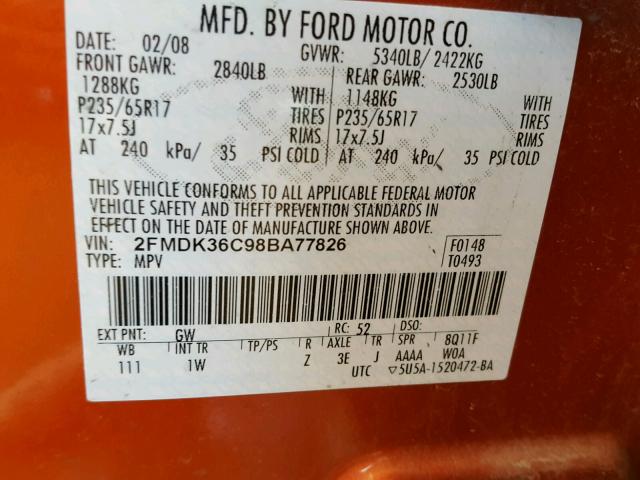 2FMDK36C98BA77826 - 2008 FORD EDGE SE ORANGE photo 10