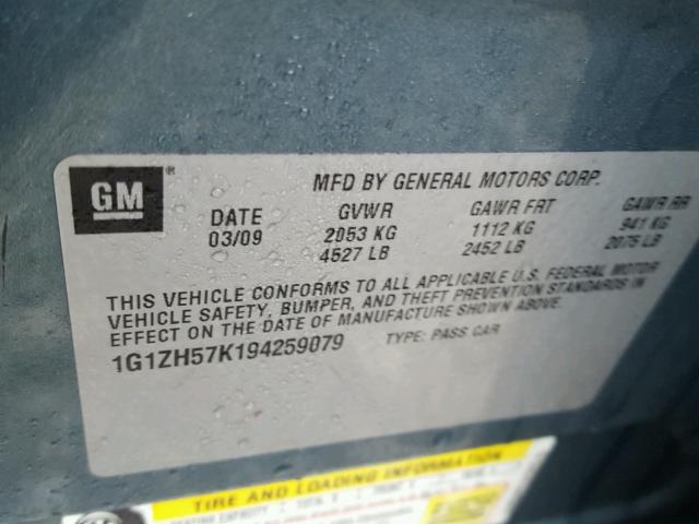 1G1ZH57K194259079 - 2009 CHEVROLET MALIBU 1LT 灰色 照片 10